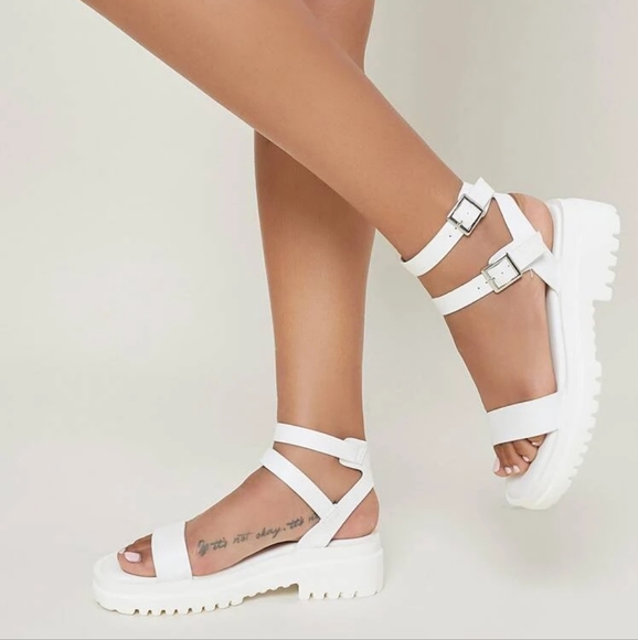 Shein Vegan Leather Double Buckled Ankle Strap Sandals in Off-White - Picture 2 of 13